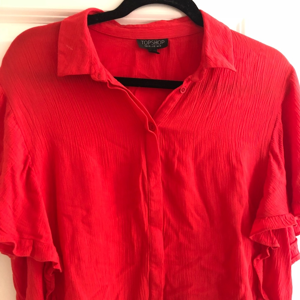 Topshop coral button down ruffle top